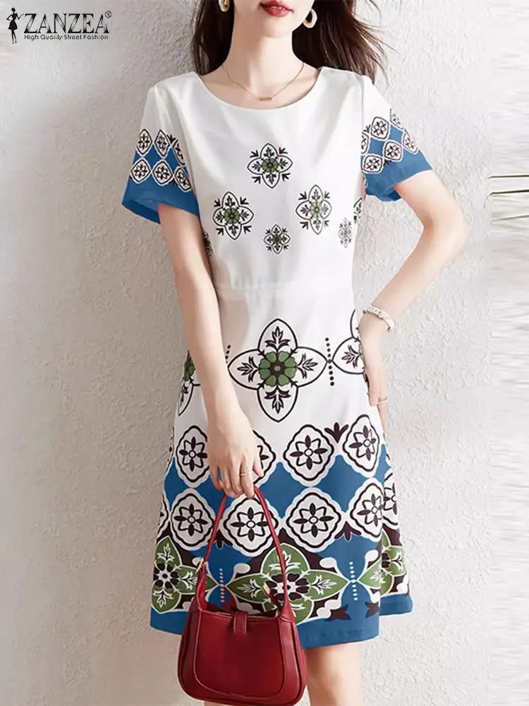 

ZANZEA Vintage Printing Women Knee-length Dress Elegant Short Sleeve A-line Sundress 2024 Summer Casual O-neck Party Vestidos