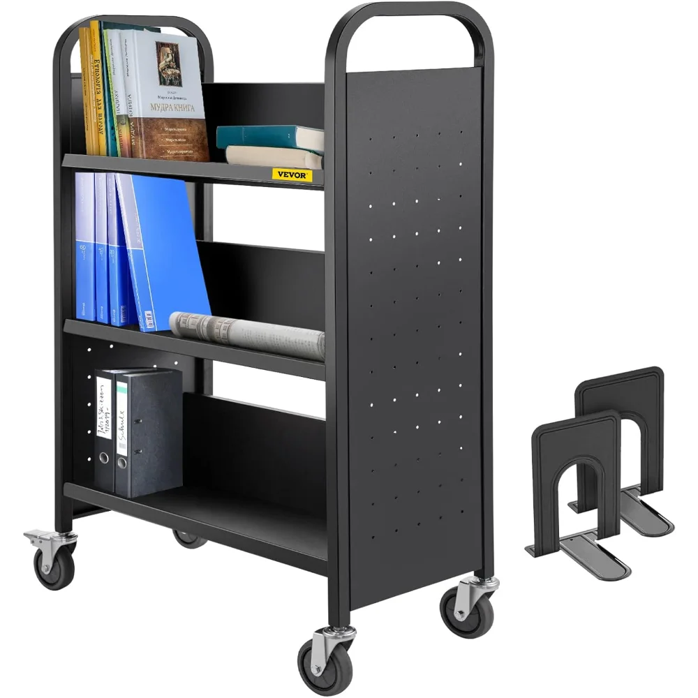 

Book Cart, 200LBS Library Cart, Single Sided V-Shaped 30x14x49 Inch Rolling Book Cart, Sloped Shelves with 4 Inch