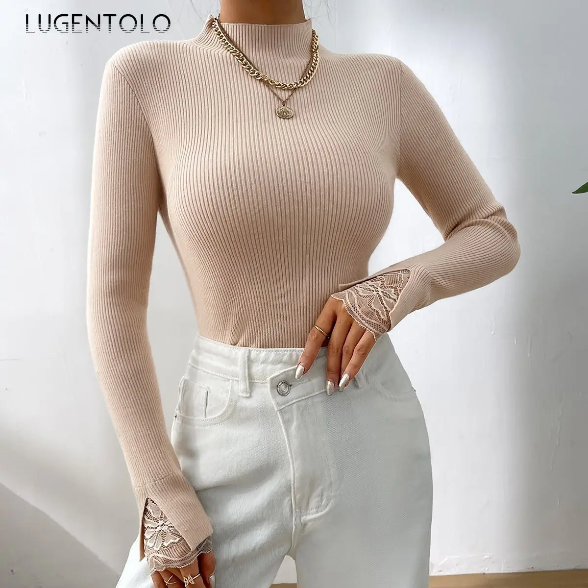 

Women Slim Sexy Sweaters New Solid Knitted Half Turtleneck Autumn Winter Lady Long Sleeve Elegant Pullover Clothing Lugentolo