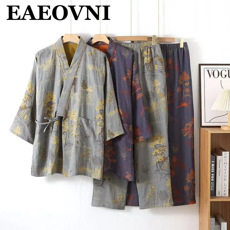 Men Spring Autumn Kimono Robe with Long Pants Pajama Set Cotton Loose Homewear Masculino Soft Loungewear Sleepwear Outfit
