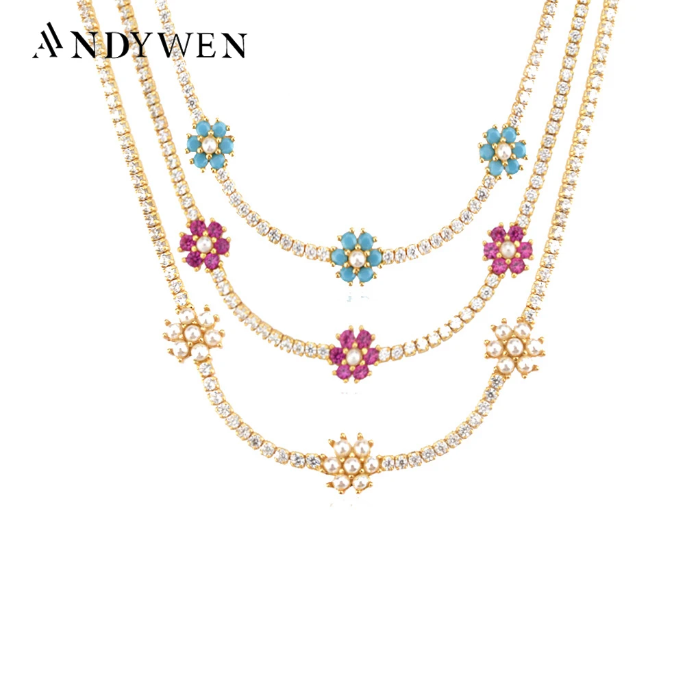 ANDYWEN 100% 925 Sterling Silver Gold Flower Rainbow Choker Necklace 2021 Women Zircon CZ Chian Luxury Party Wedding Jewelry