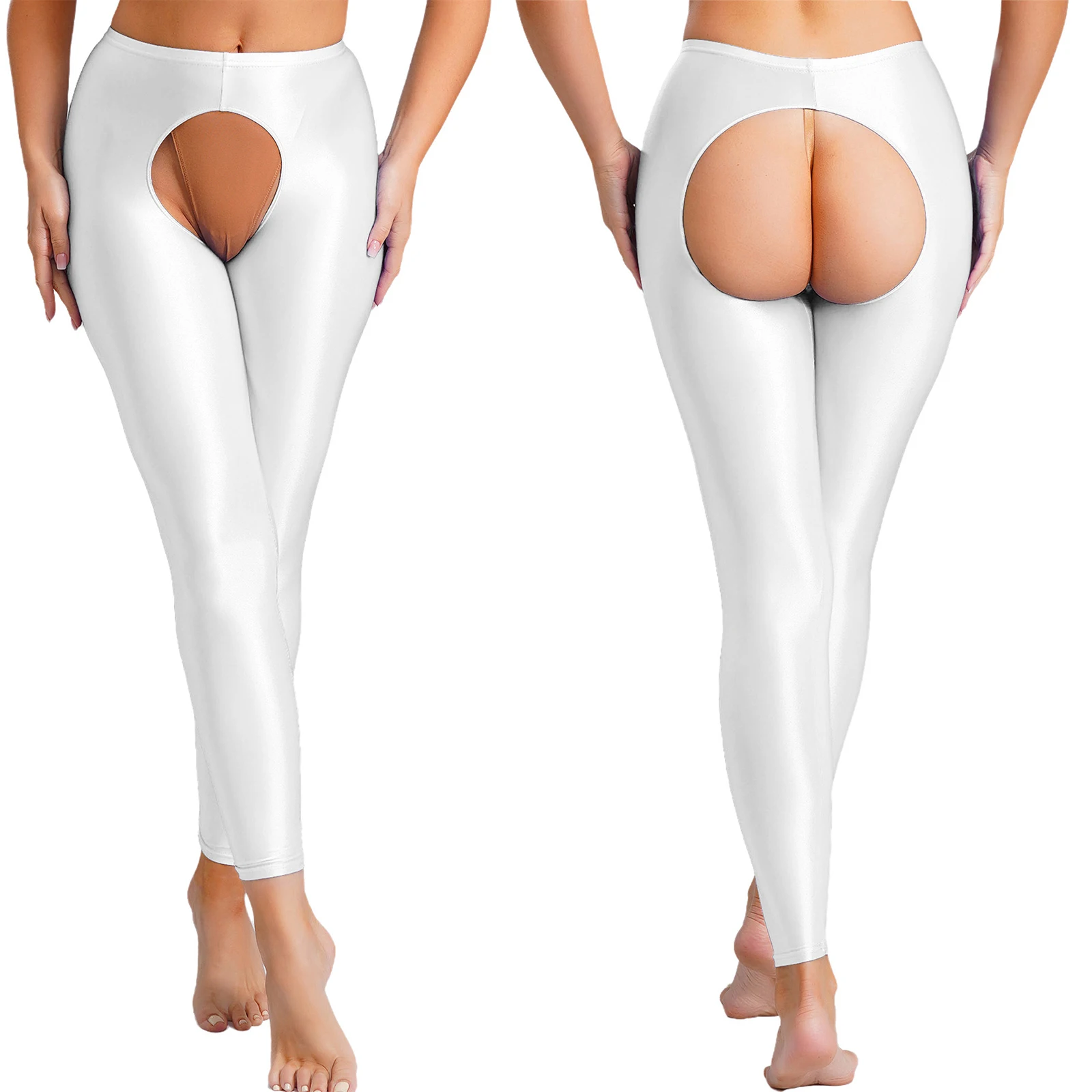 Yetişkin kadın iç çamaşırı Crothcless açık popo Legging yüksek bel Slim Fit parlak tayt pantolon erotik cazip porno külot