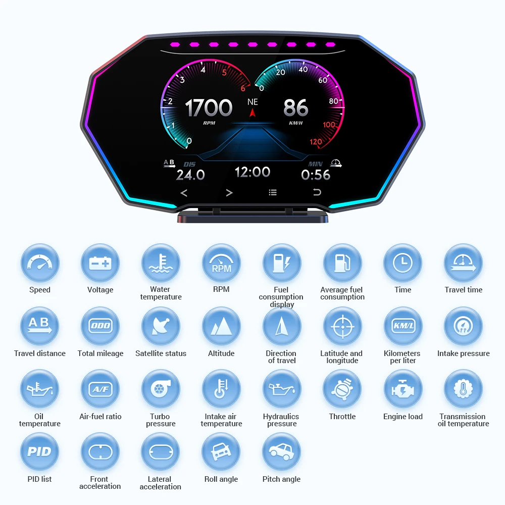 Newest F11 Car Head Up Display OBD2 Smart Car HUD Turbo Gauge Digital Odometer Security Alarm Water&Oil temp RPM Auto Meter