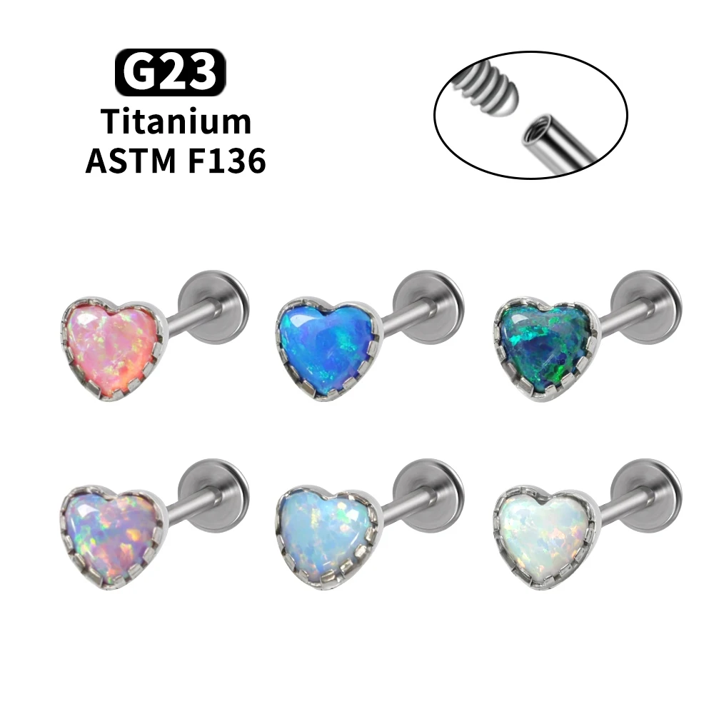 

F136 Titanium Heart Opal Lip Stud 16G Flat Back Earring Tragus Helix Cartilage Stud Earrings Medusa Stud Nose Piercing Jewelry