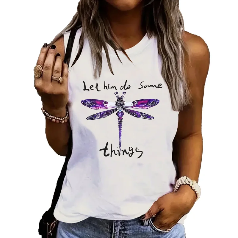 

Young Women's clothing Summer new Women's Dragonfly letter Print Casual vest Sleeveless Holiday style White women's fashion vest