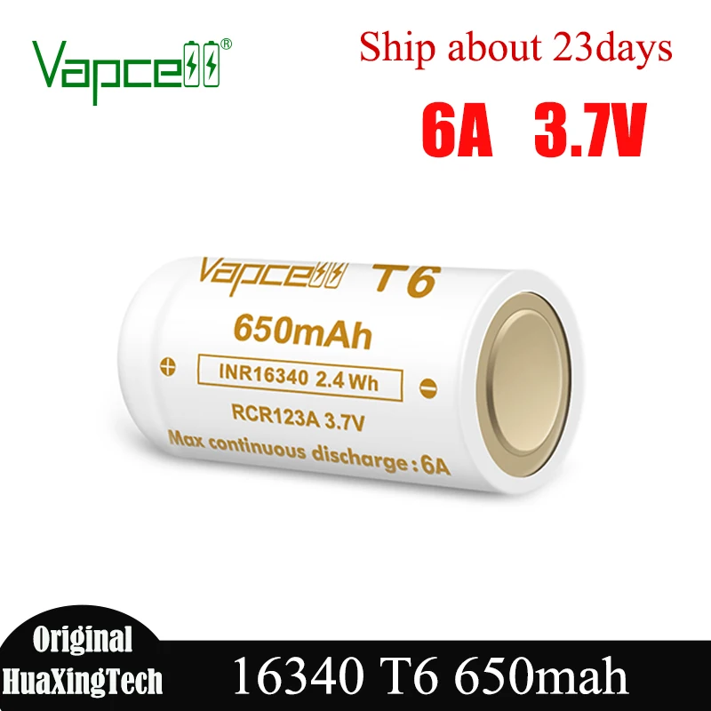 

Оригинальный аккумулятор Vapcell 16340 T6, емкость 650 мАч, 3,7 В, 6 А, литий-ионный аккумулятор с кнопкой сверху для фонарика