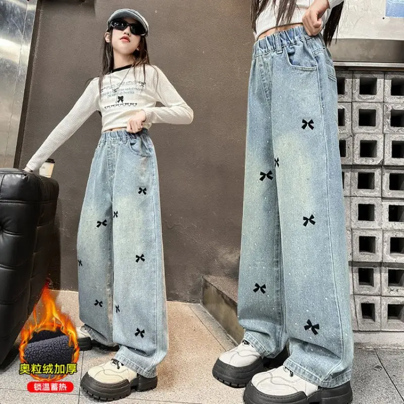 

Детские осенне-зимние джинсы с кристаллами и бантом со стразами для девочек, утепленные флисовые джинсовые брюки, детские толстые термоштаны