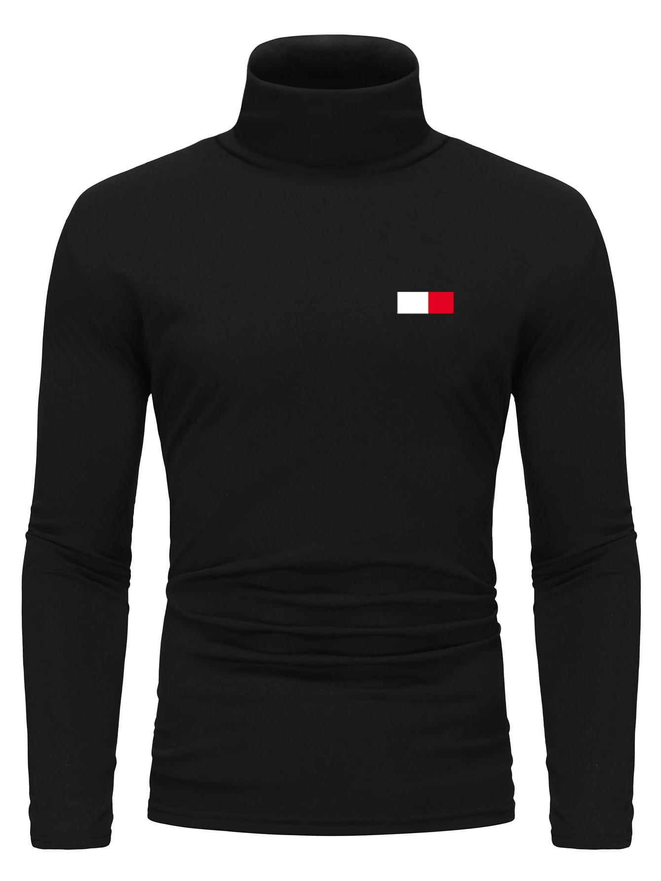 Fashionable black base shirt with black, white, and red patchwork printed high neck men's long sleeved T-shirt for men
