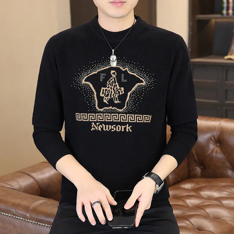 

Thiened ort Fce High Quali round Ne Knitted Sweater Winter New Arrival Non-Balloning Glitter Design Men's Knitwear