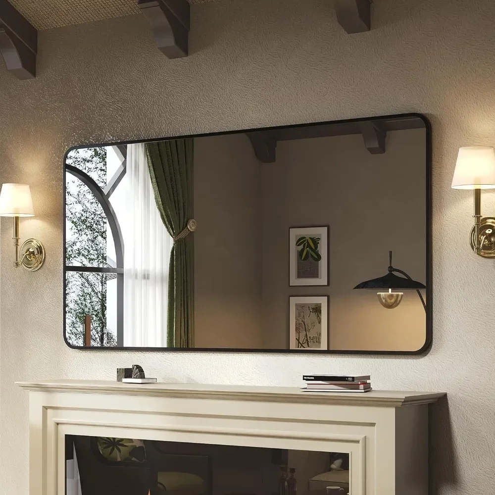 Black Framed60 x 30 Inch Rounded Rectangle Mirror for ,Tempered Glass,Anti-Rust,Hangs Horizontally or Vertically