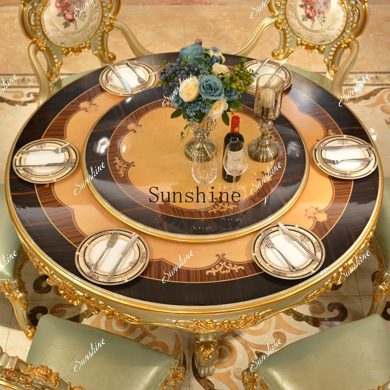 

European solid wood carving flower round small apartment 6/8 people dining room furniture TF