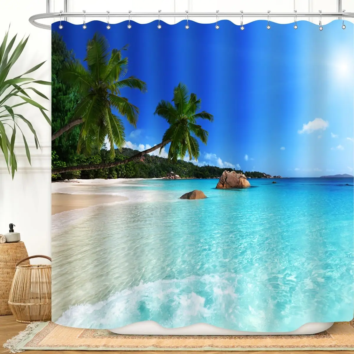 

Занавеска для душа Ocean Beach с изображением голубого неба, моря, тропических пальм и прибрежного пейзажа, водонепроницаемая ткань, декор для ванной комнаты
