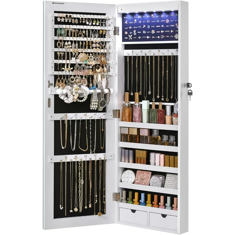 Hanging Jewelry Cabinet, Wall-Mounted Cabinet With LED Interior Lights, Full-Length Mirror,Door-Mounted Jewelry Organizer