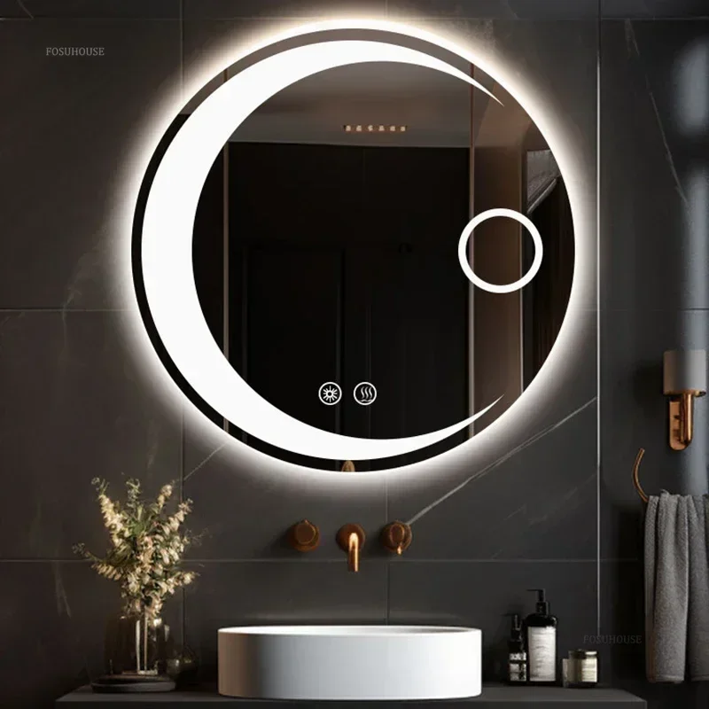 Modern Round Bath Mirrors Smart Hotel Bedroom Defogging Decorative Mirrors 3 Color Adjustable Backlight with LED Bathroom Mirror