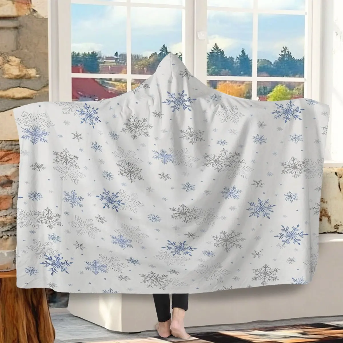 Low-Profile Blue-Gray Snowflake Winter Theme Flannel Hooded Blanket Wearable Blanket, Halloween Costume Blanket