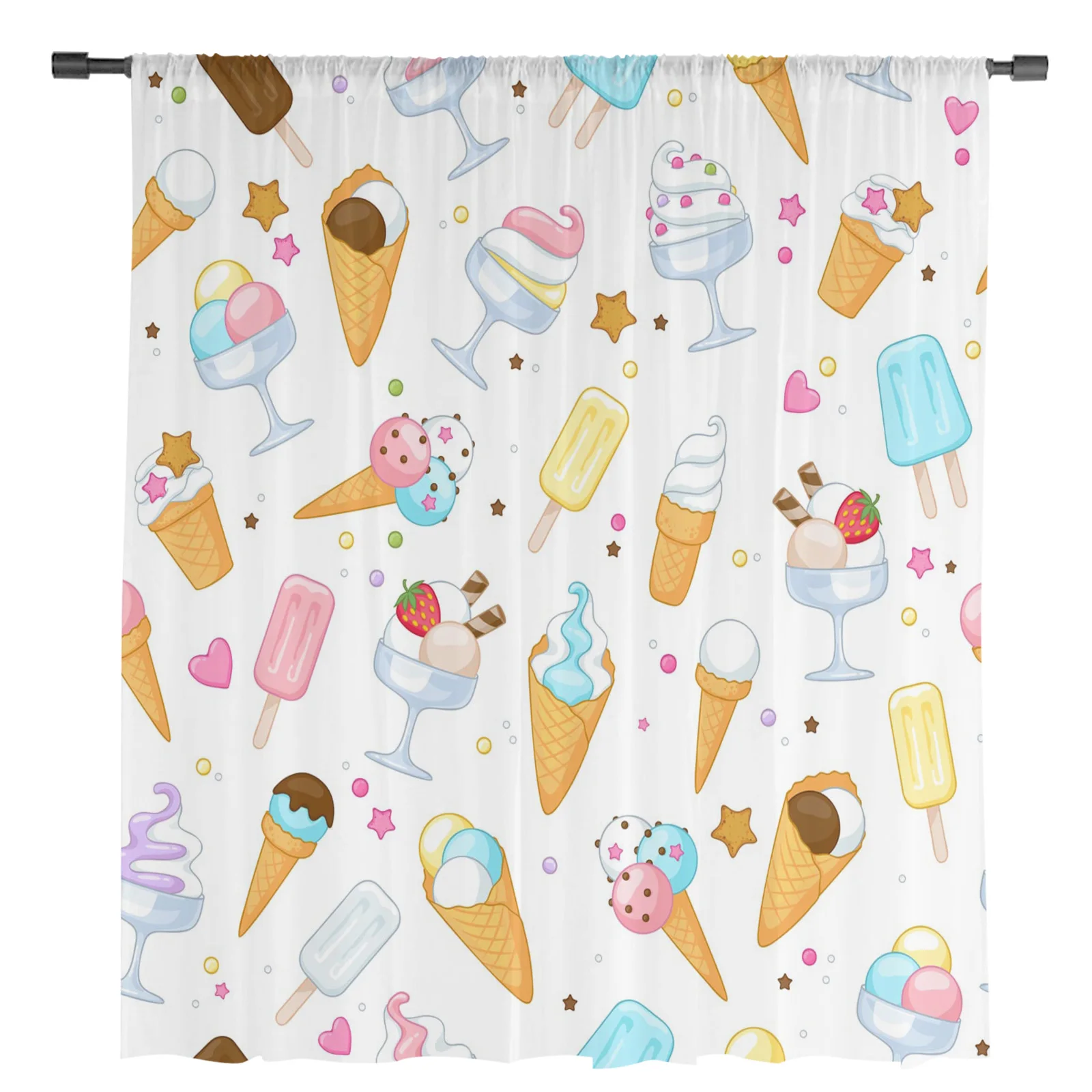 Cartoon Food Ice Cream Cup Sheer Window Curtains for Living Room Bedroom Kitchen Room Chiffon Tulle Curtains Panel