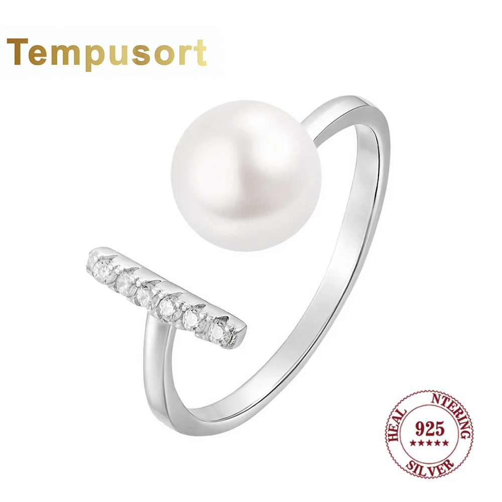 

Открытое кольцо Tempusort из стерлингового серебра 925 пробы с натуральным пресноводным жемчугом и цирконом, регулируемое элегантное ювелирное изделие, подарок для женщин