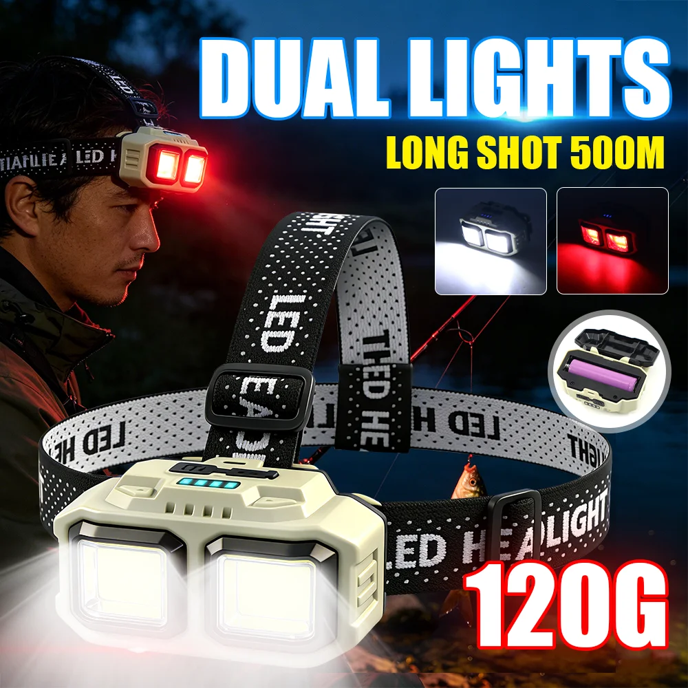 

Dual Light Headlamp LED Rechargeable 18650 Battery Red Cap Light Waterproof Headlight Outdoor Fishing Camping Lantern Work Light