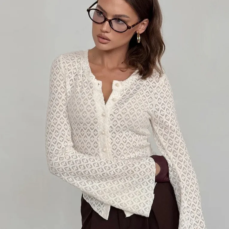 

Lace Knitted Hollow Shirt Women's 2026 New Flared Sleeve Waist Top
