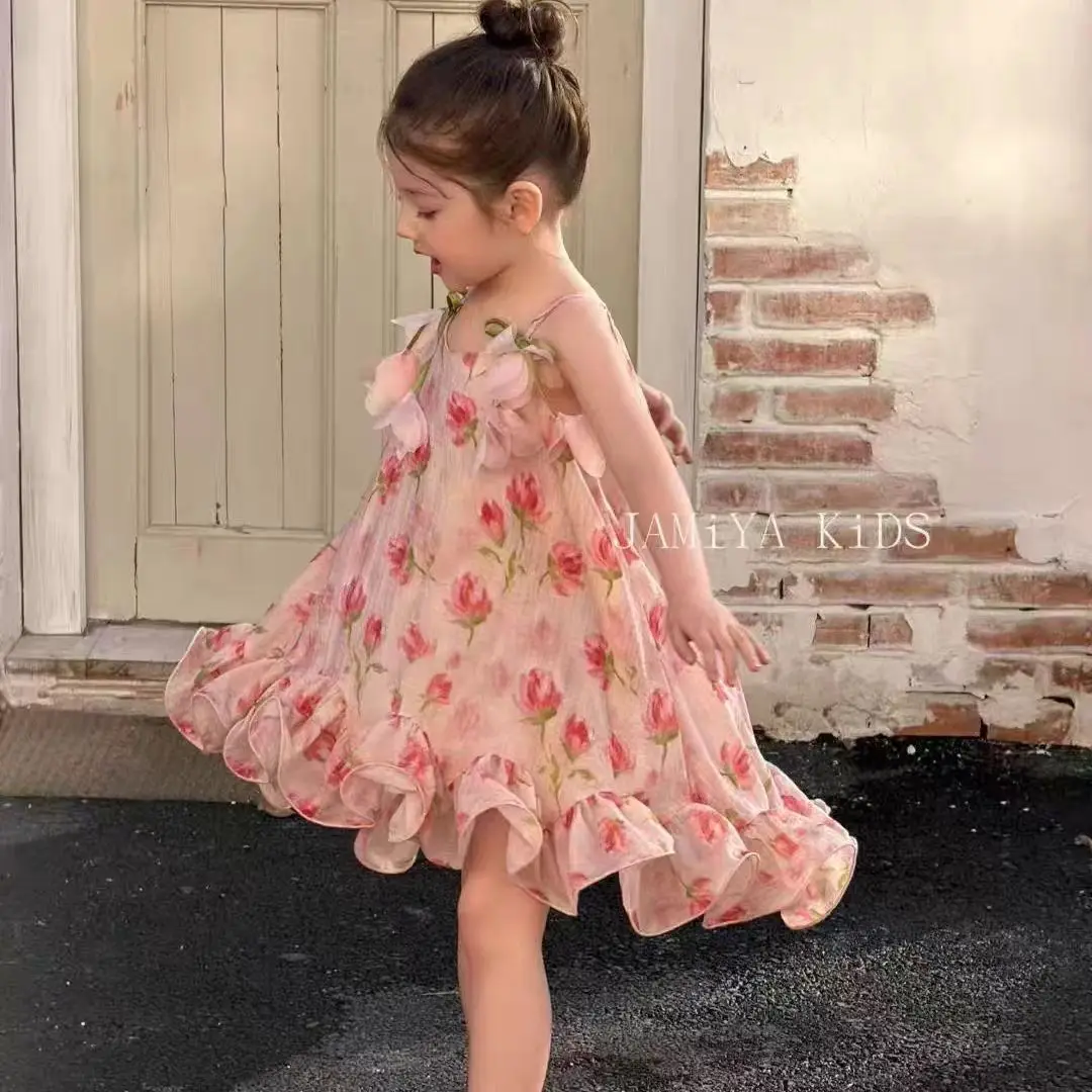Girls Summer New Pink Tulip Petal Dress Children's Beach Holiday Dress Floral Print Skirt for Kids