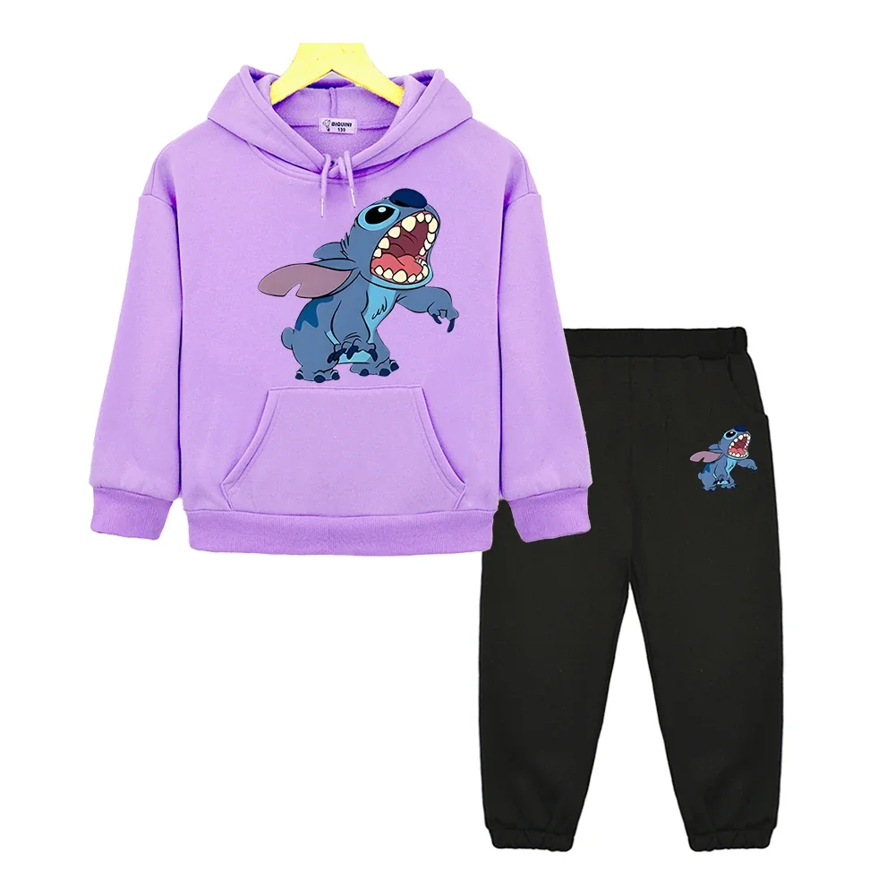 

Stitch Disney boy gir Hooded Sets Casual Jacket 2pcs pullover+pants disney Anime hoodie Fleece sweatshirt kids boutique clothes