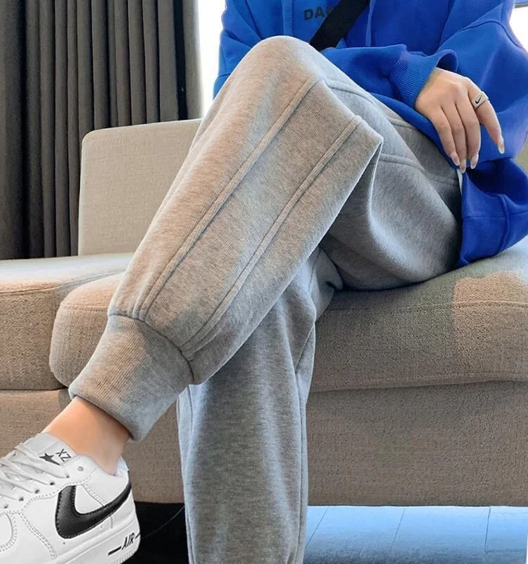 여성을위한 두꺼운 양털 안감 캐주얼 와이드 레그 스웨트 팬츠 가을/겨울 새로운 슬리밍 루즈 피트 쁘띠 트렌디 바지