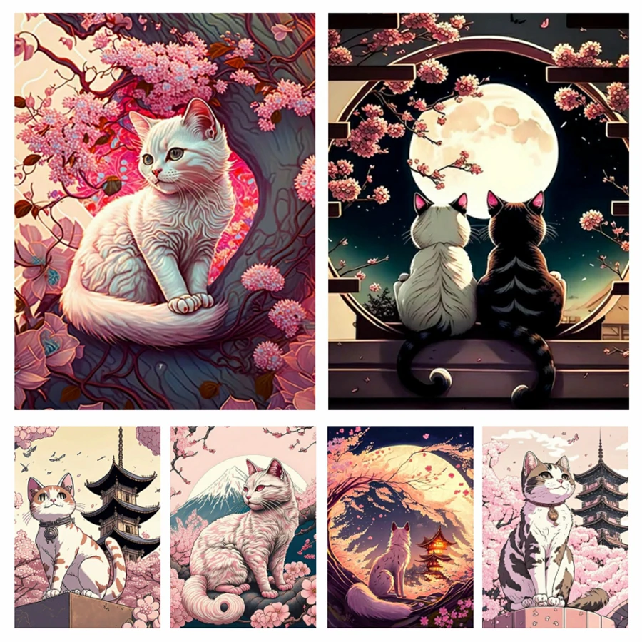 

5D DIY Diamond Painting Japanese Cherry Cat Picture Full Diamond Mosaic Embroidery Cross Stitch Kits Home Decor