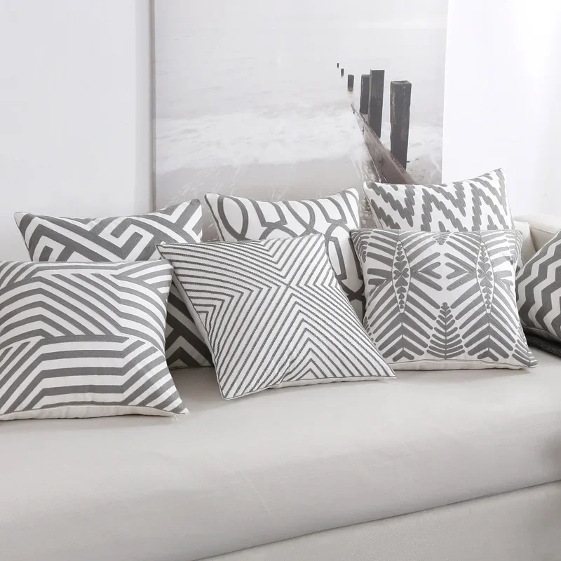 New 100% Cotton Woolen Embroidery Pillowcase Gray Yellow Geometric Modern Nordic Style Pillow Cover Cotton Sofa Bed Cushion Case