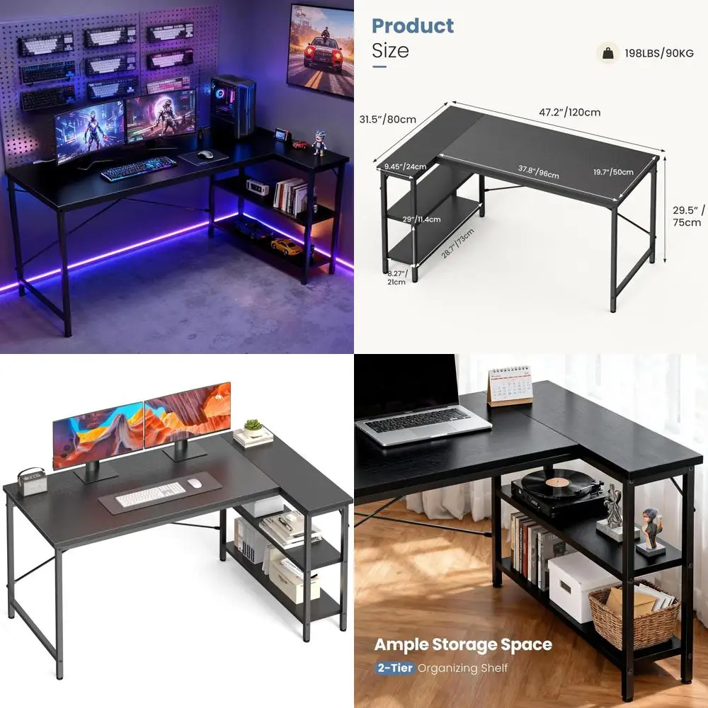

47 L-Shaped Gaming & Home Office Desk with Reversible Storage Shelves in Ebony Black