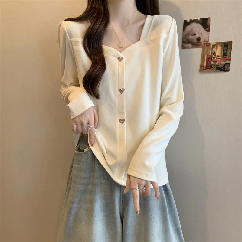 French V-neck Long Sleeved T-shirt with A Base for Women's Spring and Autumn Slimming Shoulder Top