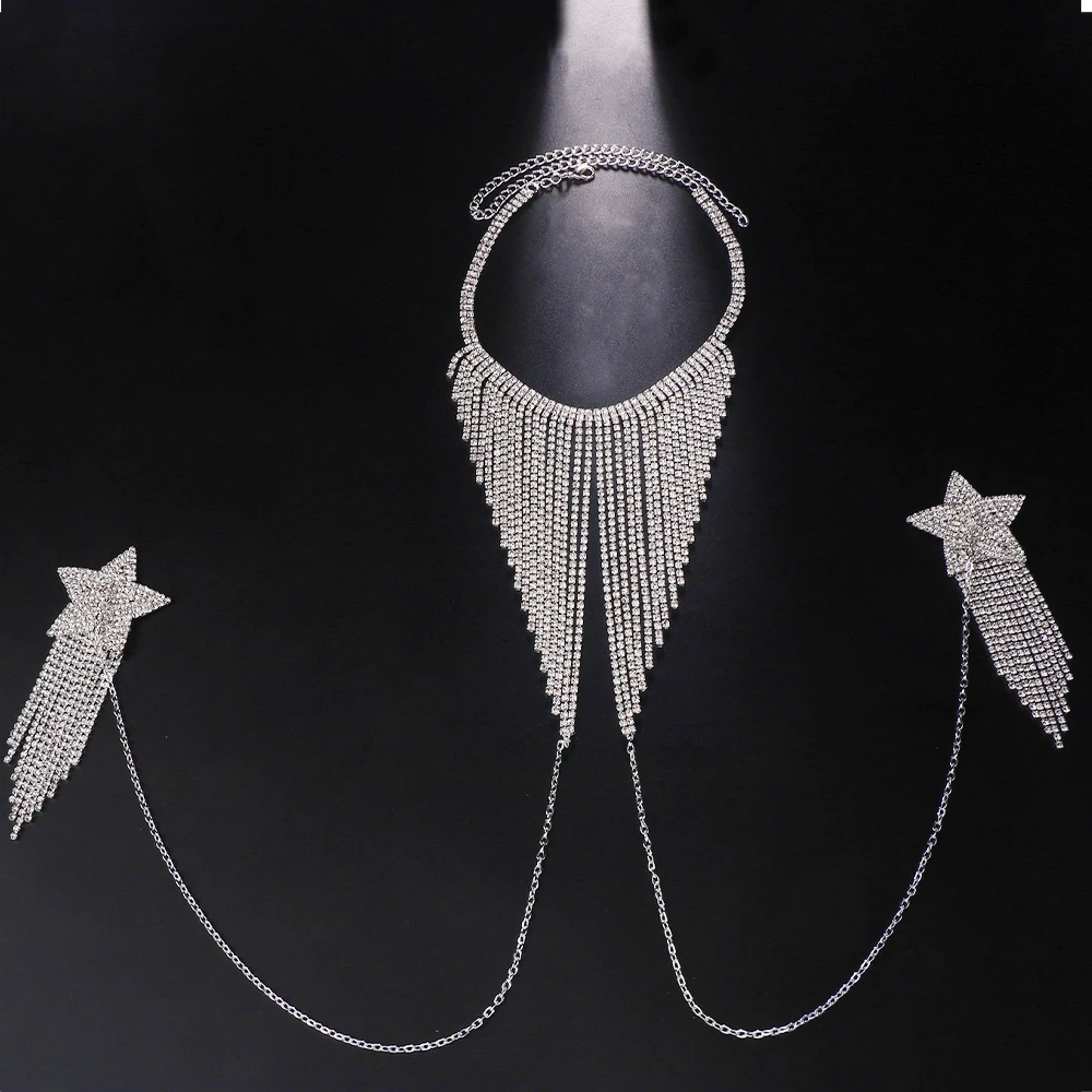 Fashion Crystal Tassel Necklace Chain Star Chest Stickers Adhesive Sexy Rhinestone Body Jewelry Women Nipple Covers Accessories