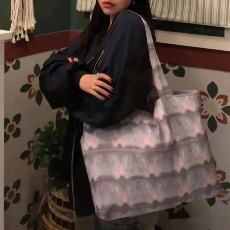 Bloom Butterfly Print Large Capacity Tote Bag Women Fairycore Aesthetic Canvas Casual Handbag Ladies Haruku Shoulder Bags