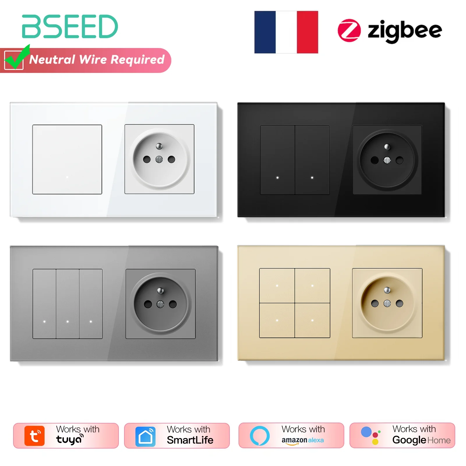 

BSEED Zigbee 1/2/3/4Gang Smart Mechanical Button Switches Tuya Alexa Control Plus Normal French Power Socket Plug Glass Panels