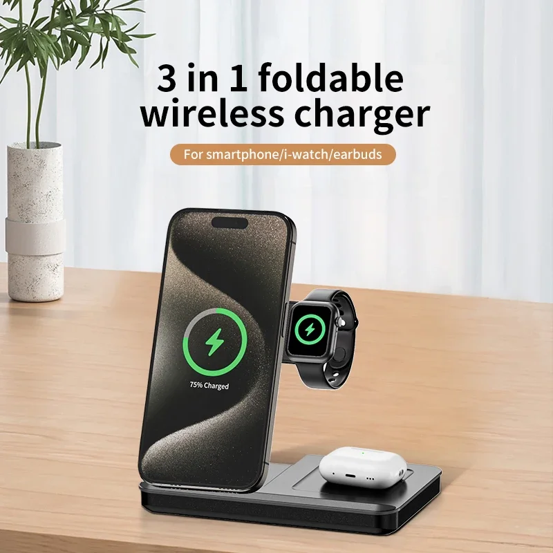 T13 3 in 1 Foldable Magnetic Wireless Charger Desktop 15W Fast Charging Dock Stand For iPhone 15 14 13 12 ProMax Airpods iWatch