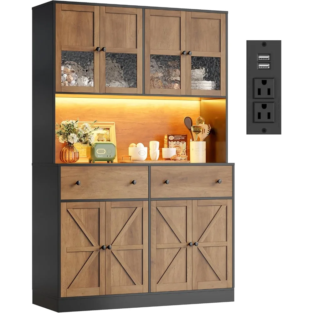 

71" Pantry Cabinet with LED Light and Charging Station, Farmhouse Kitchen Pantry Cabinet with Microwave Stand, 47.2" Wide