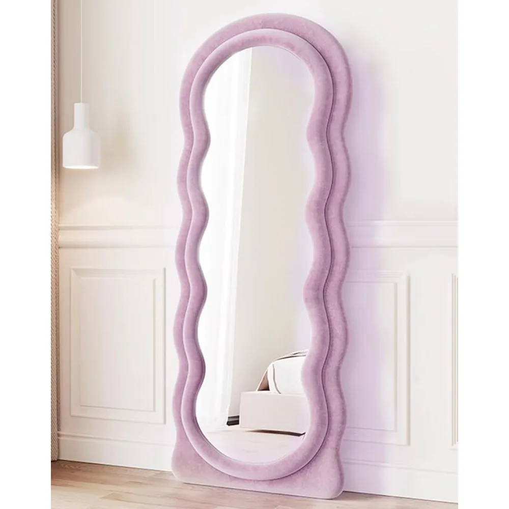 

Floor Mirror with Stand, Full Length Mirror Wall Mounted, Full Length Floor Irregular Wavy Flannel Wooden Frame Purple Mirrors