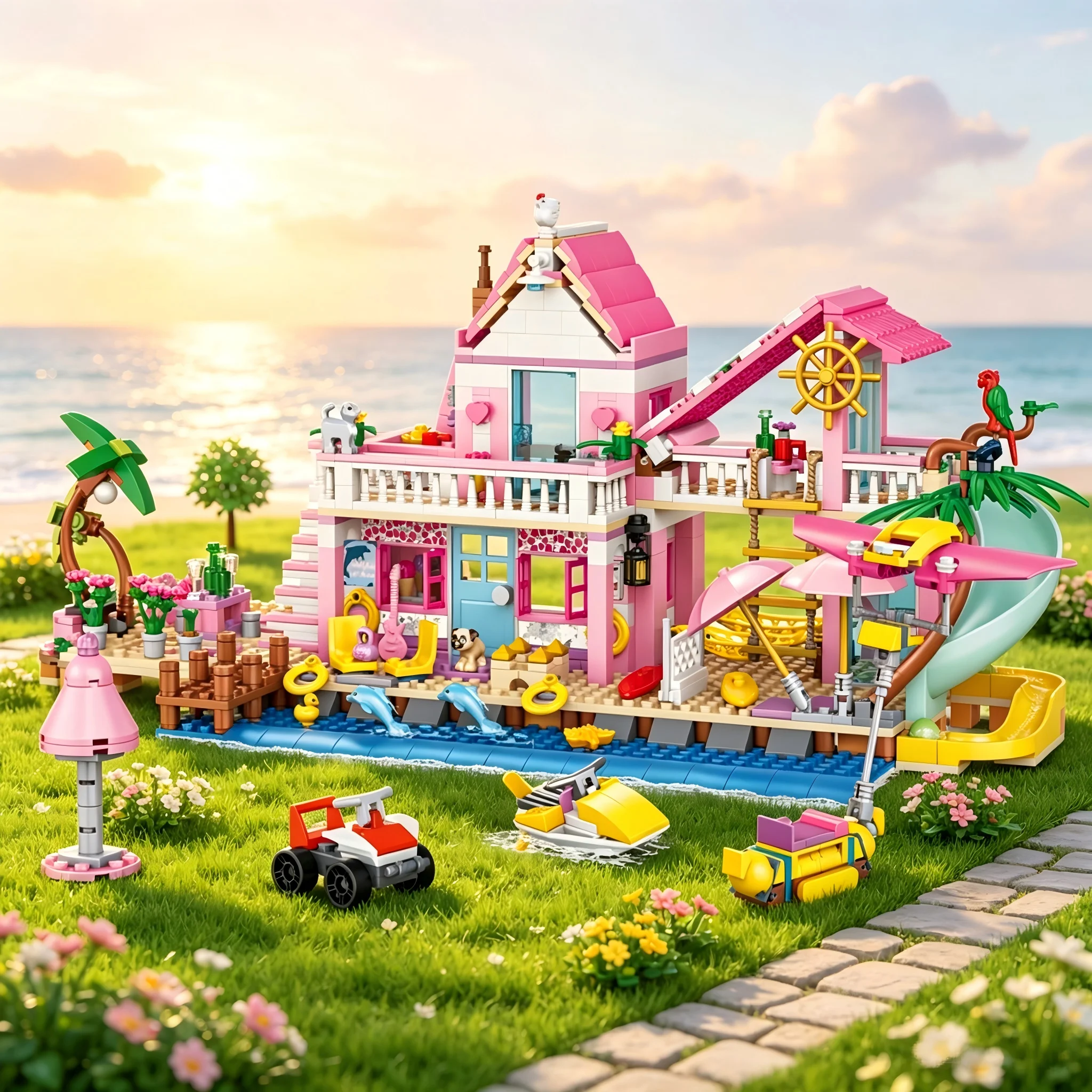 1040Pcs 2 in1 City Summer Holiday Seaside Villa Apartment Building Blocks Friends Slide Helicopter Car Figures Bricks Toys Gifts