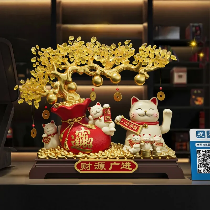 Fortune Tree Lucky Cat Ornament Automatic Waving Opening Gift Store Front Desk Checkout Page Housewarming Gift