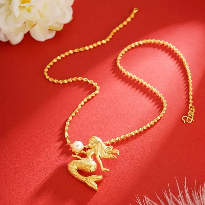 

18k Yellow Gold Color Mermaid Pendant Water Wave Necklace Chain for Women Luxury Jewelry Clavicle Chain Fine Jewelry Gifts