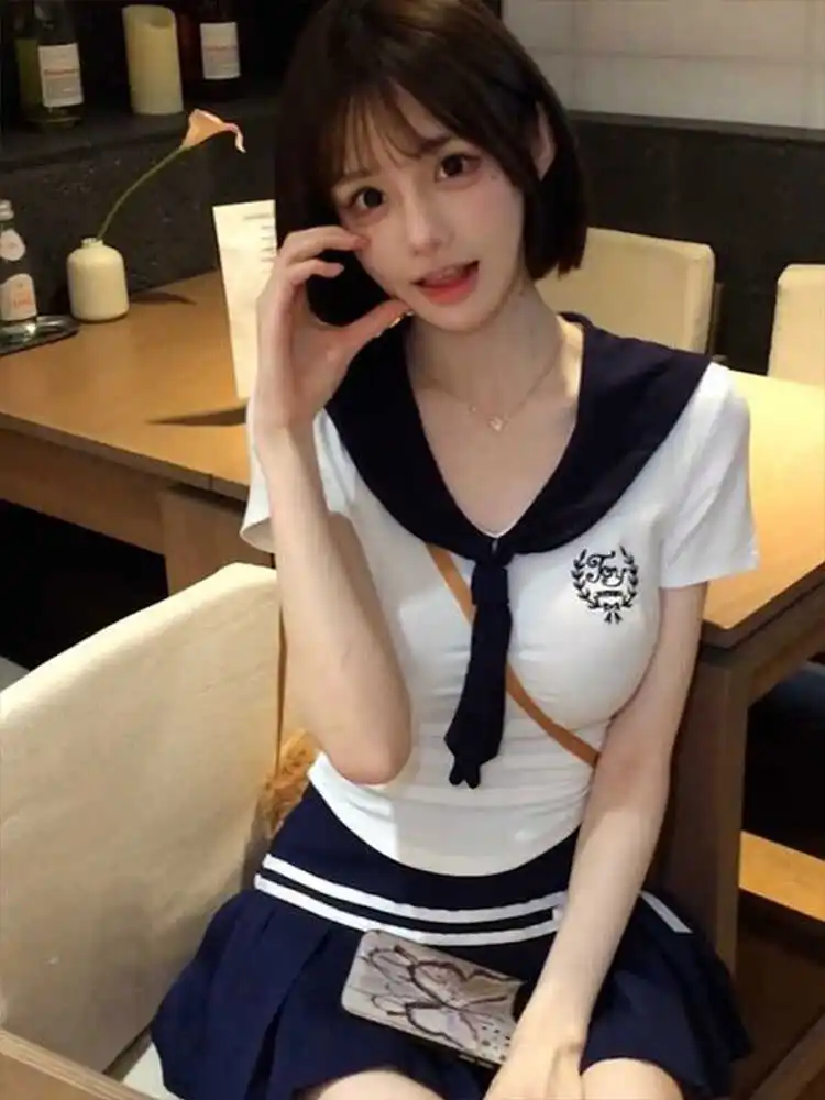 

Комплект плиссированной юбки Pure Desire Sweet, летний маленький студенческий комплект с темно-синим воротником JK Top или юбка, модная женская юбка из двух предметов...