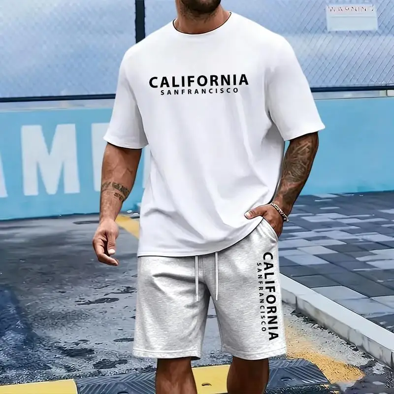 

California Fashion Summer Men's Set Pure Cotton T-shirts And Knee-length Shorts Male Home Outdoor Comfort Breathable Soft Outfit