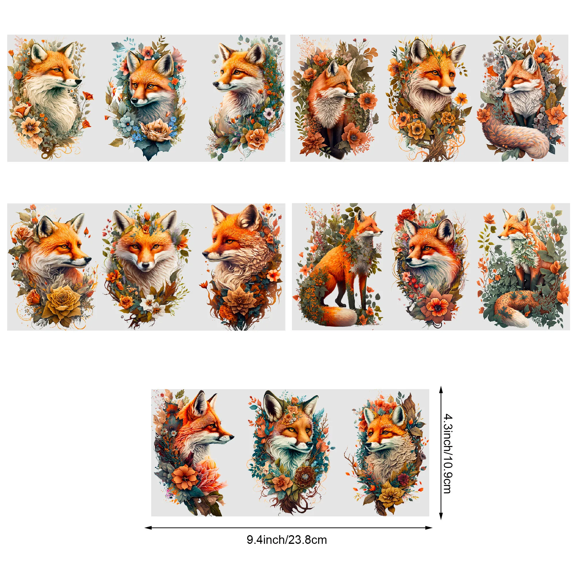 5 sheets fox UV DTF cup packaging for 16oz glass cup, waterproof and elegant fox stickers suitable for 16oz glass cup, DIY
