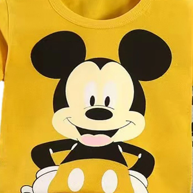 Setelan pakaian bayi kartun Disney, baju anak-anak lengan pendek, motif Mickey Mouse, baju katun anak-anak, 2 potong/set, pakaian musim panas