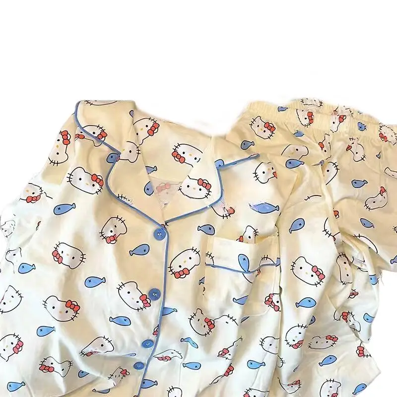 Sanrios مرحبا كيتي طويلة الأكمام منامة 2 قطعة Kawaii طباعة كاملة الكرتون نمط الخريف الطفل السراويل لطيف فتاة لينة ملابس المنزل