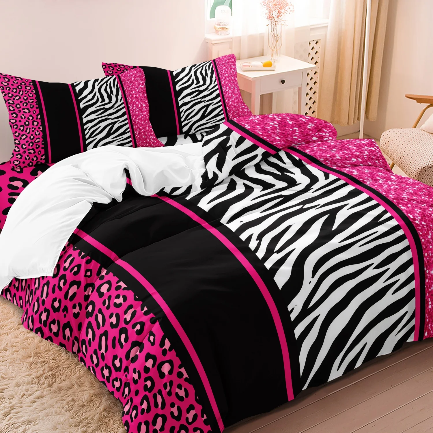 Juego de 3 Fundas Nórdicas con Estampado de Leopardo Rojo, Rojo Rosa y Rayas de Cebra Negras con Acabado Brillante. Moderno, Suave y Cómodo