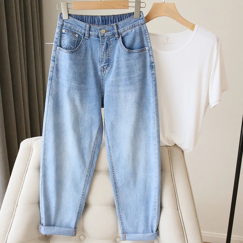 Women Light Blue Elastic Back Waist Harem Jeans Loose Tapered Rolled Cuff Denim Trousers
