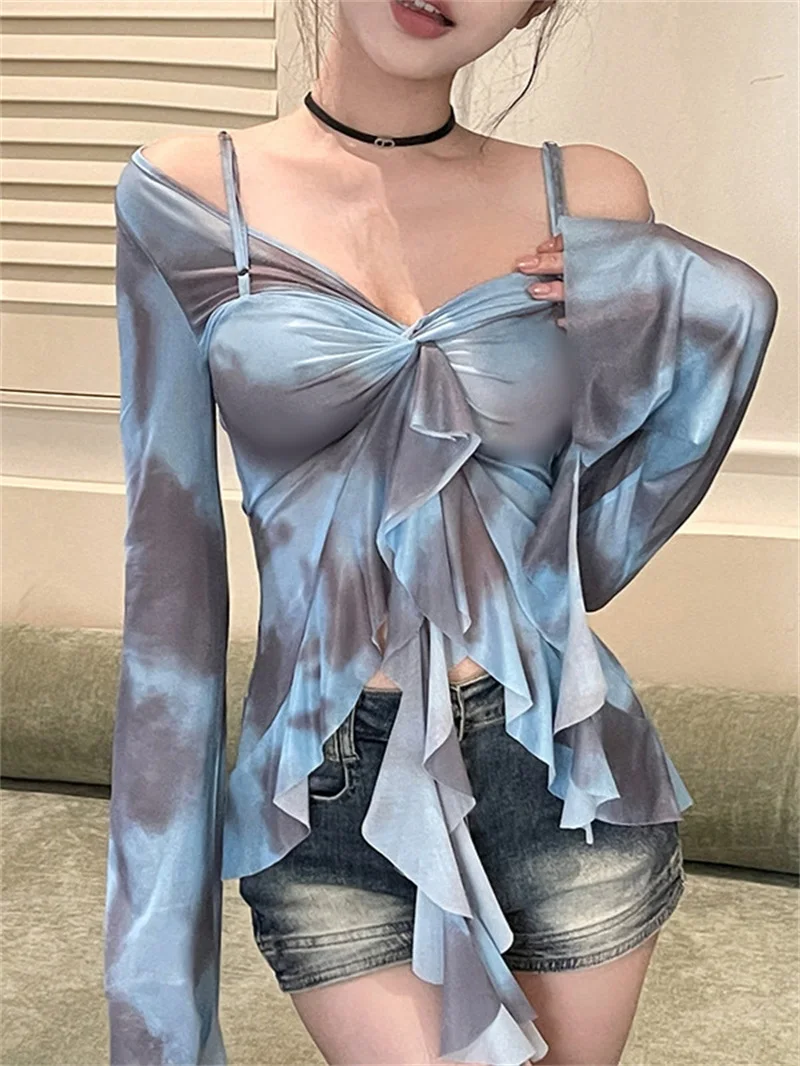 Sweet Mesh Printed Top Sexy Irregular Ribbon Long Sleeve Versatile Coat Perspective One Shoulder Strap Street Trendy Pullover