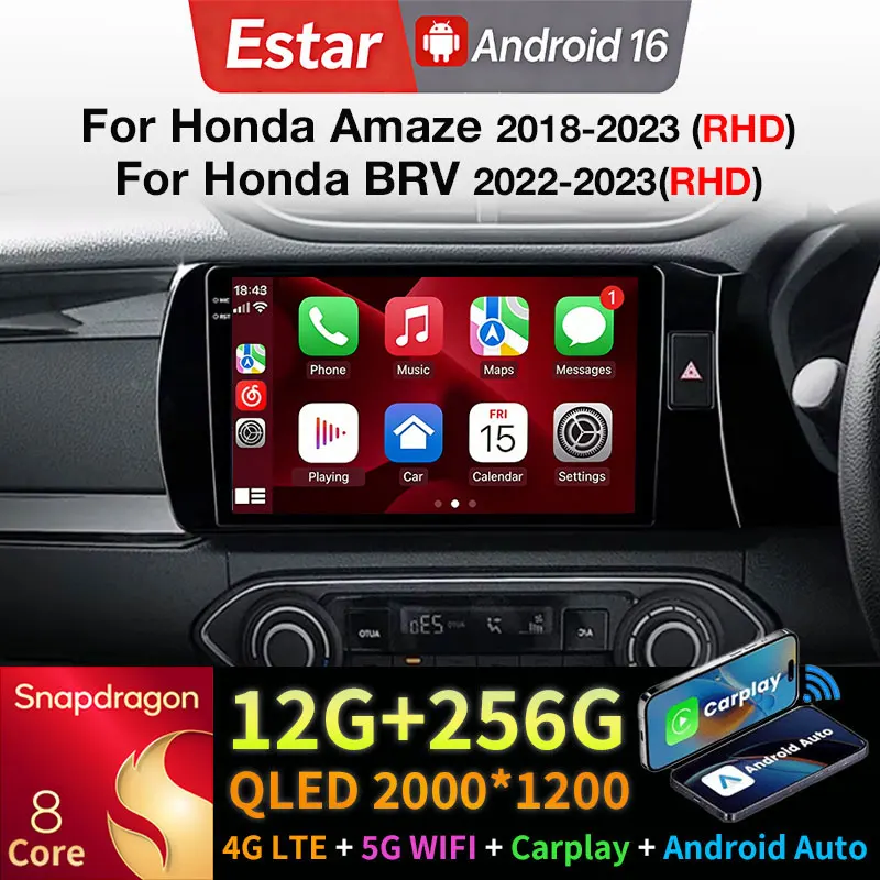 Android 16 Car Radio For Honda Amaze 2018-2023 (RHD) GPS Multimedia Player Navi Head Unit Wireless Carplay Stereo DSP 360 Camera