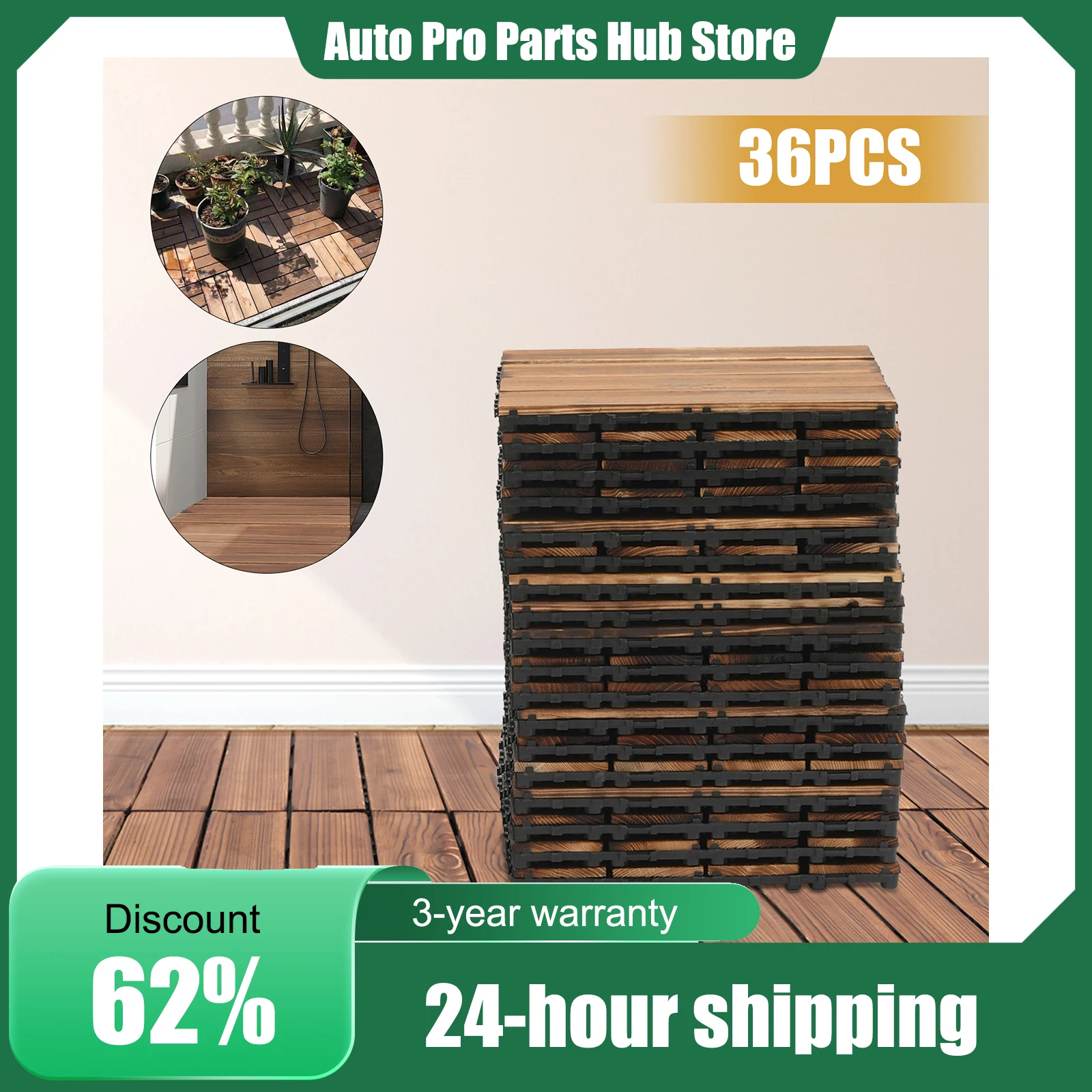 36 Pack Hardwood Interlocking Patio Deck Tiles, Indoor Outdoor Wood Flooring Interlocking Deck Tile DIY Patio Tiles Brown