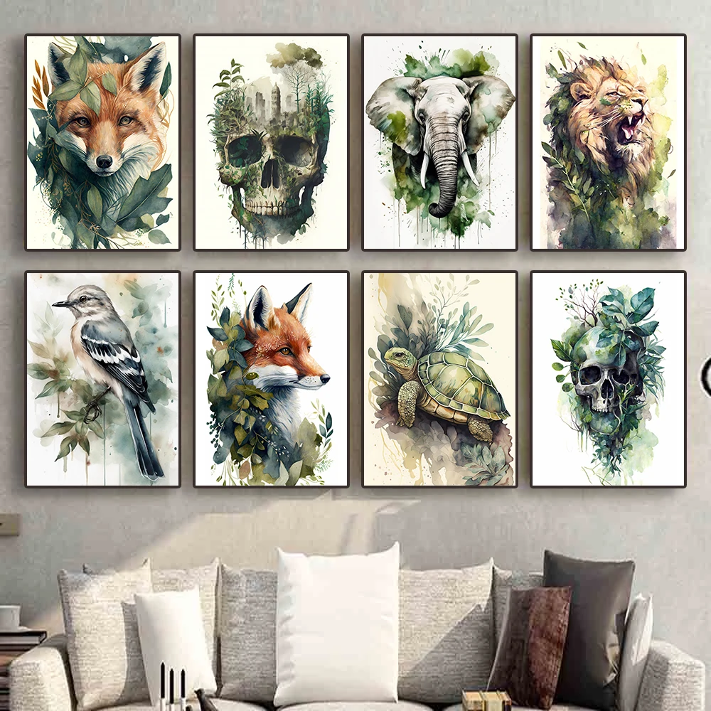 Mystical Jungle Dragon Fox Wolf Rabbit Eagle Animal Surrounded By Green Leaves Wall Art Pictures for Living Room Home Decoration